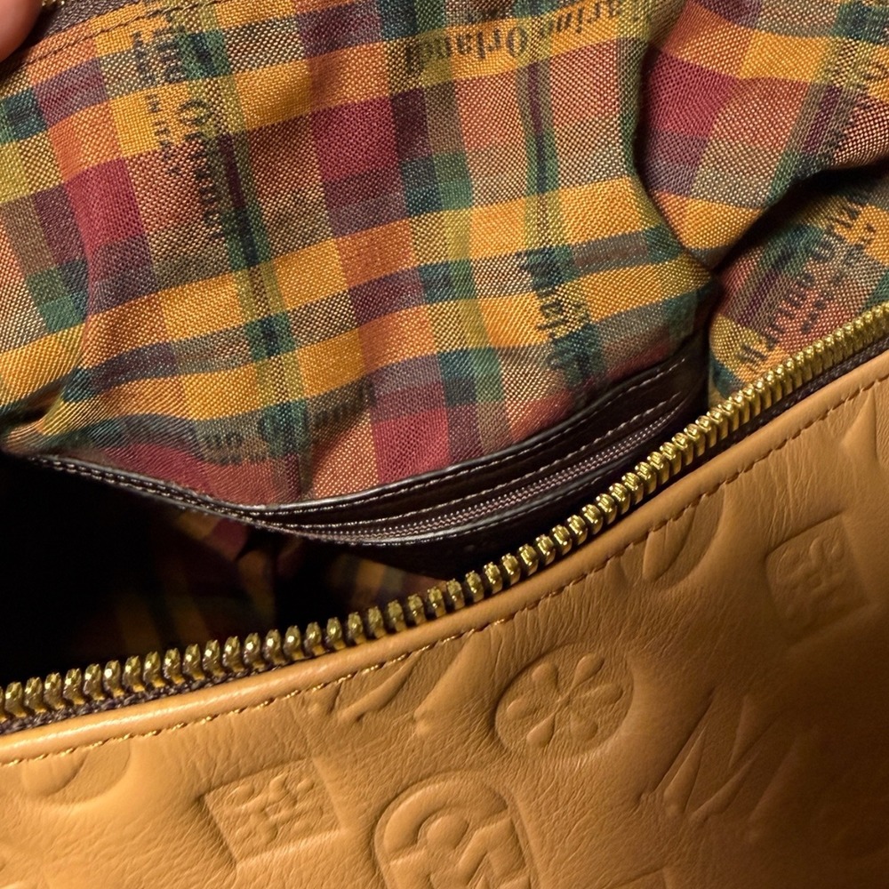 MARINO ORLANDI Vintage Italian Leather Bucket Bag Tan Embossed Monogram Y2K - Picture 13 of 16
